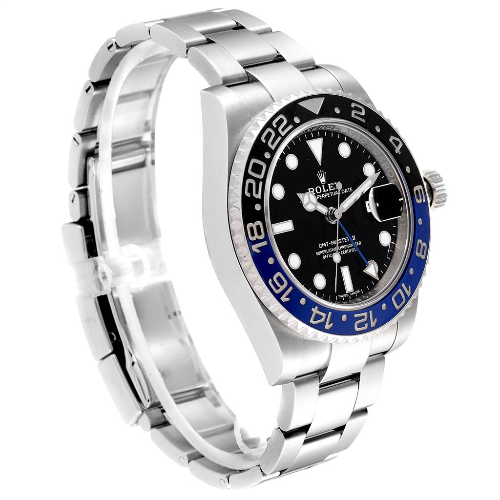 This image displays a side angle of the Rolex GMT-Master 116710 Men's Stainless Steel Black Dial 116710 Men's Stainless Steel Black Dial watch, showcasing its dial, bezel, case, and bracelet.