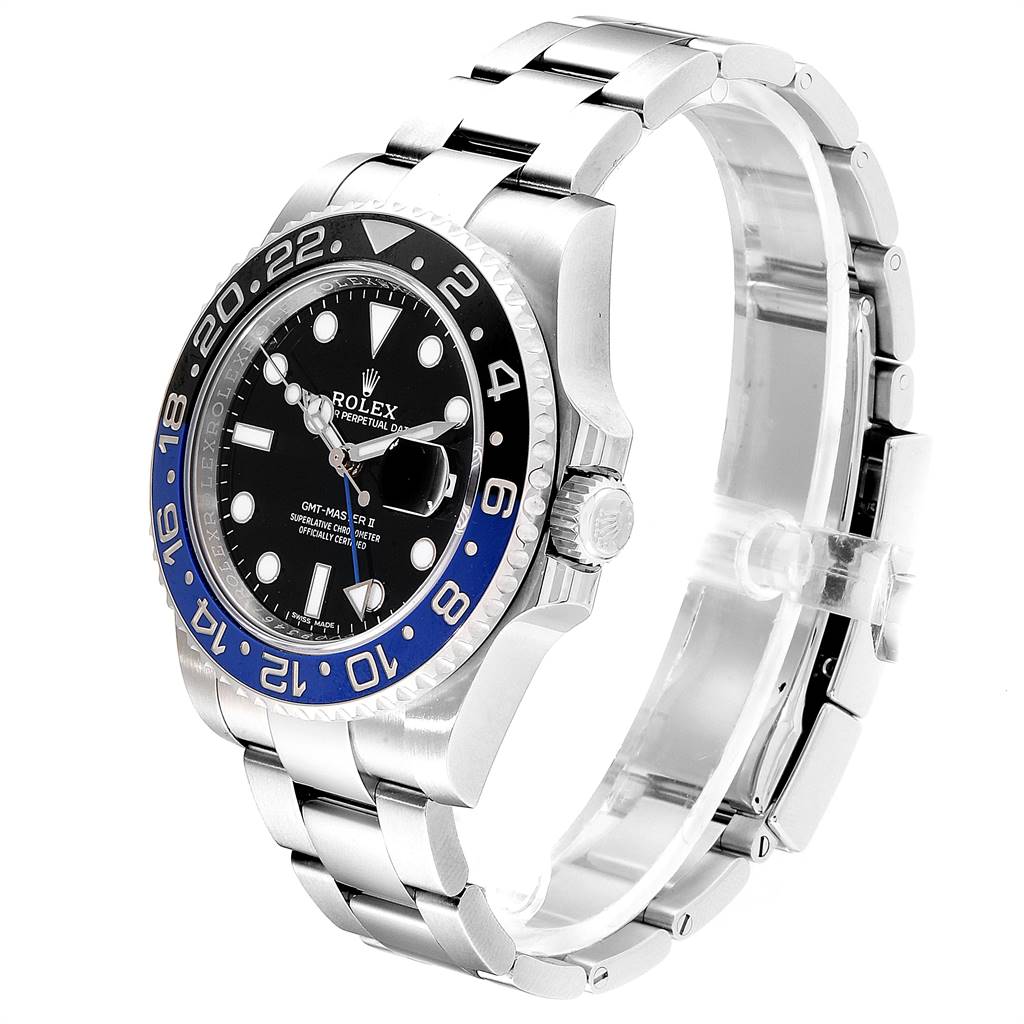 The image shows the front and side view of a Rolex GMT-Master 116710 Men's Stainless Steel Black Dial 116710 Men's Stainless Steel Black Dial watch, highlighting its bezel, dial, and bracelet.