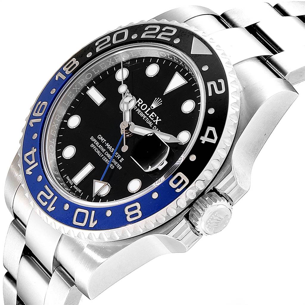 This is a side angle view of the Rolex GMT-Master 116710 Men's Stainless Steel Black Dial 116710 Men's Stainless Steel Black Dial watch, showing its bezel, dial, crown, and part of the bracelet.