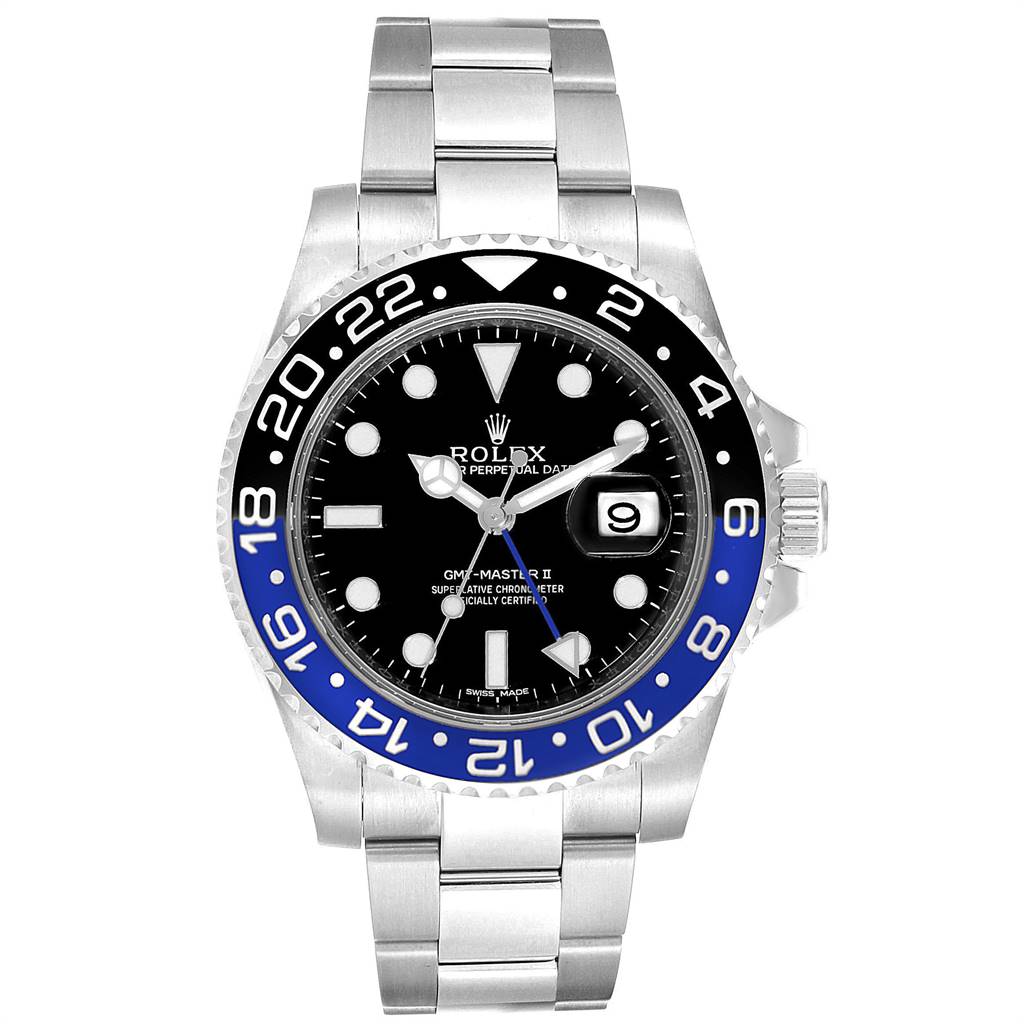 The Rolex GMT-Master 116710 Men's Stainless Steel Black Dial 116710 Men's Stainless Steel Black Dial watch is shown from a front angle, displaying its dial, bezel, and stainless steel bracelet.
