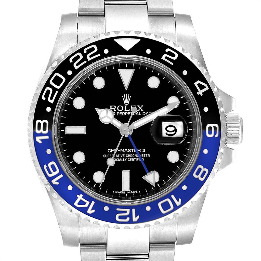 The image shows a front view of a Rolex GMT-Master 116710 Men's Stainless Steel Black Dial 116710 Men's Stainless Steel Black Dial II watch, highlighting its bezel, dial, and bracelet.