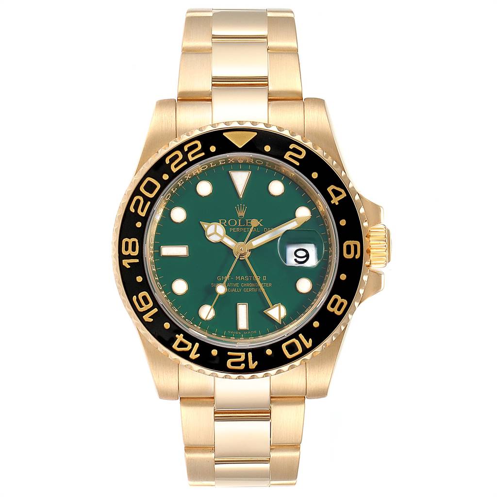 The image shows a front view of a Rolex GMT-Master 116718 Men's Yellow Gold Green Dial 116718 Men's Yellow Gold Green Dial watch, displaying its gold bracelet, bezel, and green dial.