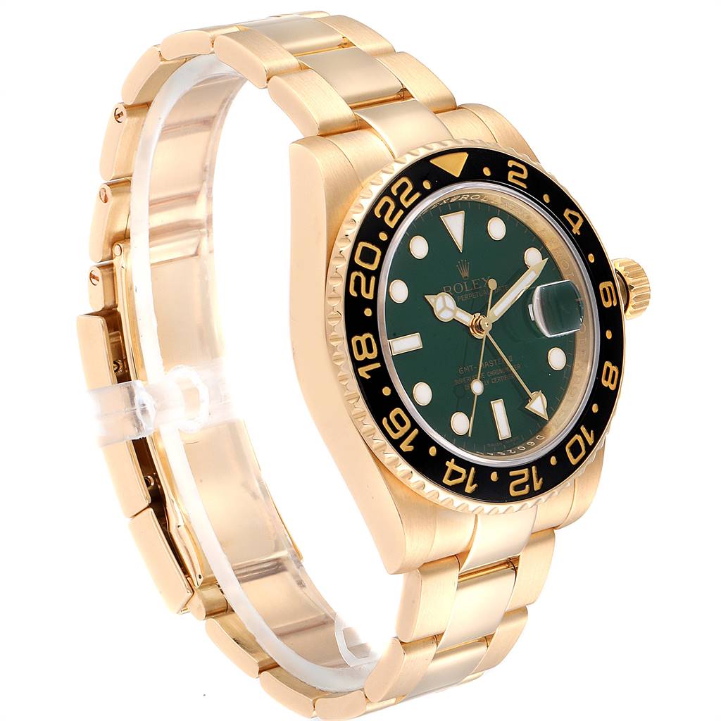 The Rolex GMT-Master 116718 Men's Yellow Gold Green Dial 116718 Men's Yellow Gold Green Dial watch is shown at a three-quarter angle, highlighting its bezel, dial, crown, and bracelet.