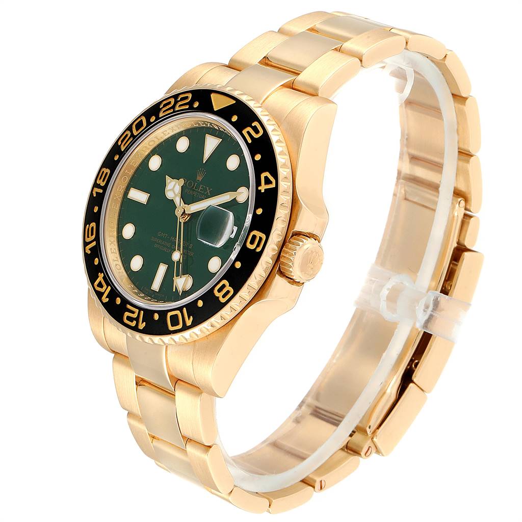 The Rolex GMT-Master 116718 Men's Yellow Gold Green Dial 116718 Men's Yellow Gold Green Dial watch is shown at an angle revealing the face, bezel, case, crown, and bracelet.