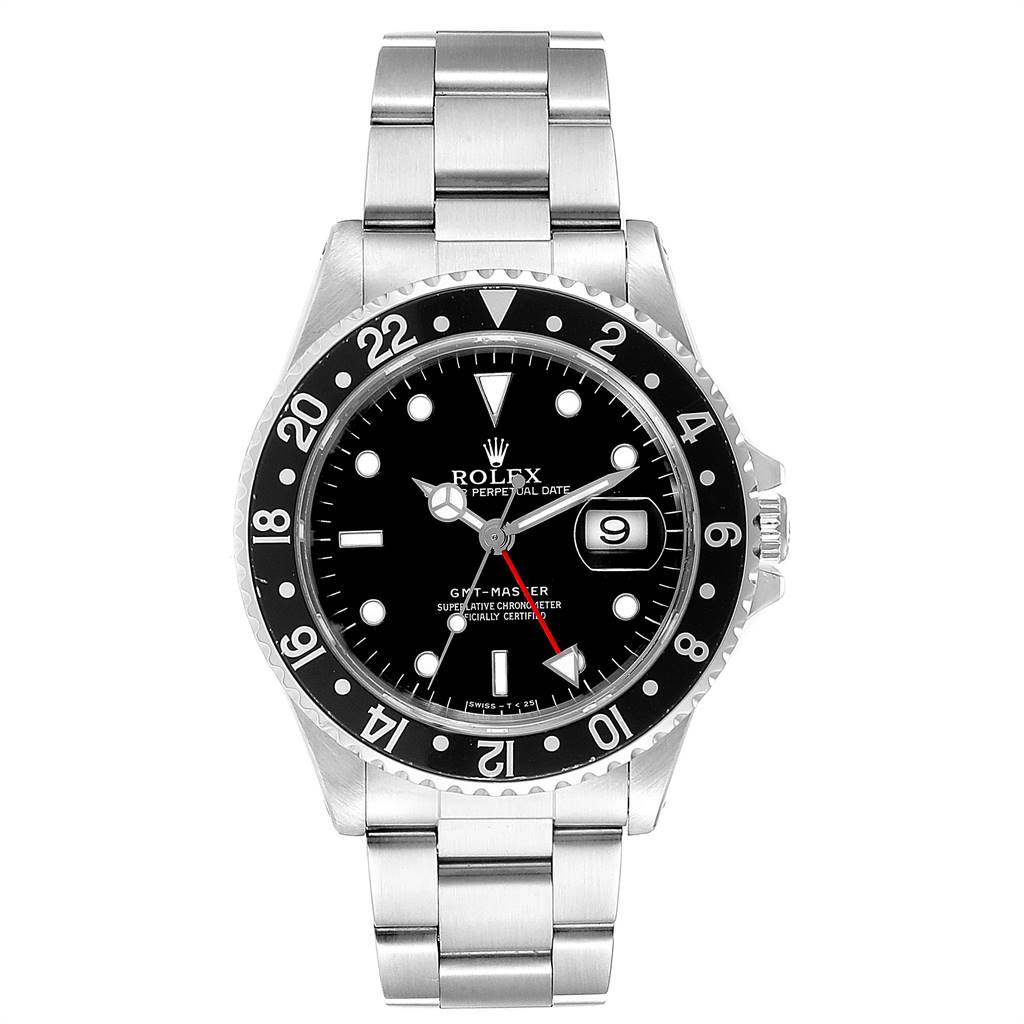 This image shows a front view of the Rolex GMT-Master 16700 Men's Stainless Steel Black Dial 16700 Men's Stainless Steel Black Dial watch, including the dial, bezel, case, and bracelet.