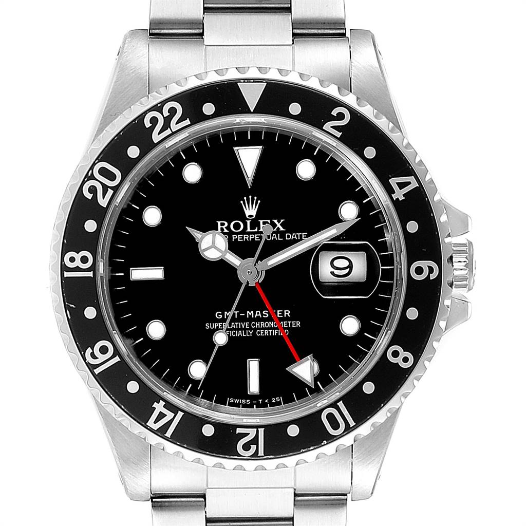 The image shows a front view of the Rolex GMT-Master 16700 Men's Stainless Steel Black Dial 16700 Men's Stainless Steel Black Dial watch, highlighting the dial, bezel, and part of the bracelet.