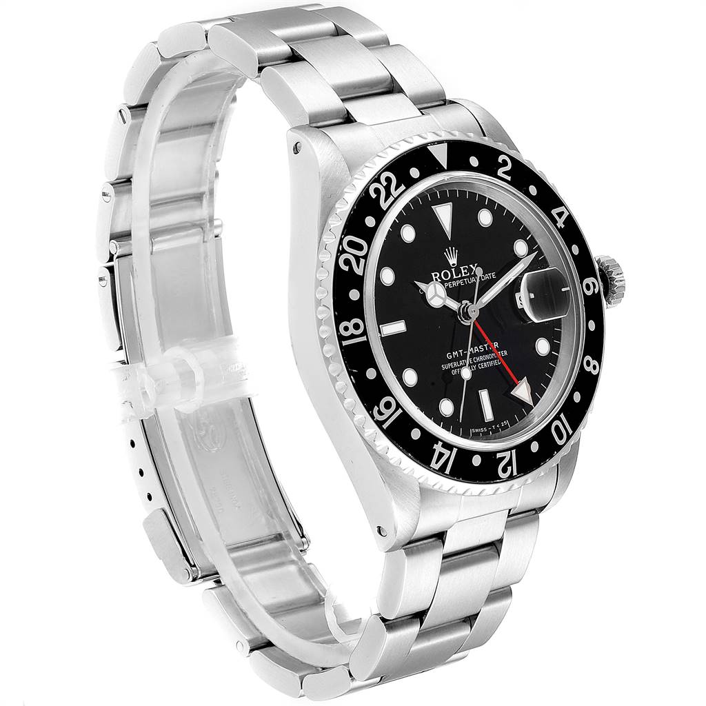 The image shows a side angle of the Rolex GMT-Master 16700 Men's Stainless Steel Black Dial 16700 Men's Stainless Steel Black Dial watch, displaying the dial, bezel, crown, and bracelet.