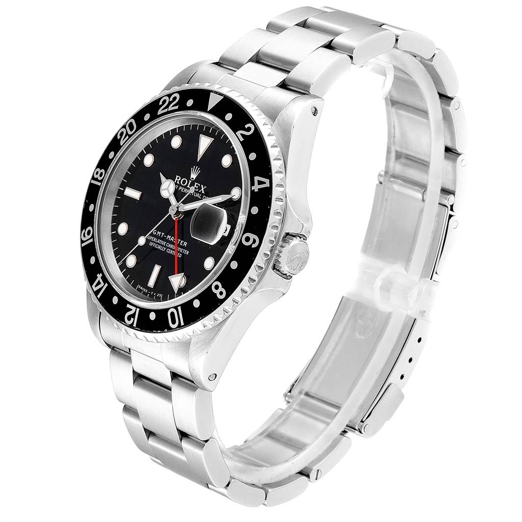 This image shows a Rolex GMT-Master 16700 Men's Stainless Steel Black Dial 16700 Men's Stainless Steel Black Dial watch angled to display the face, bezel, crown, and bracelet.