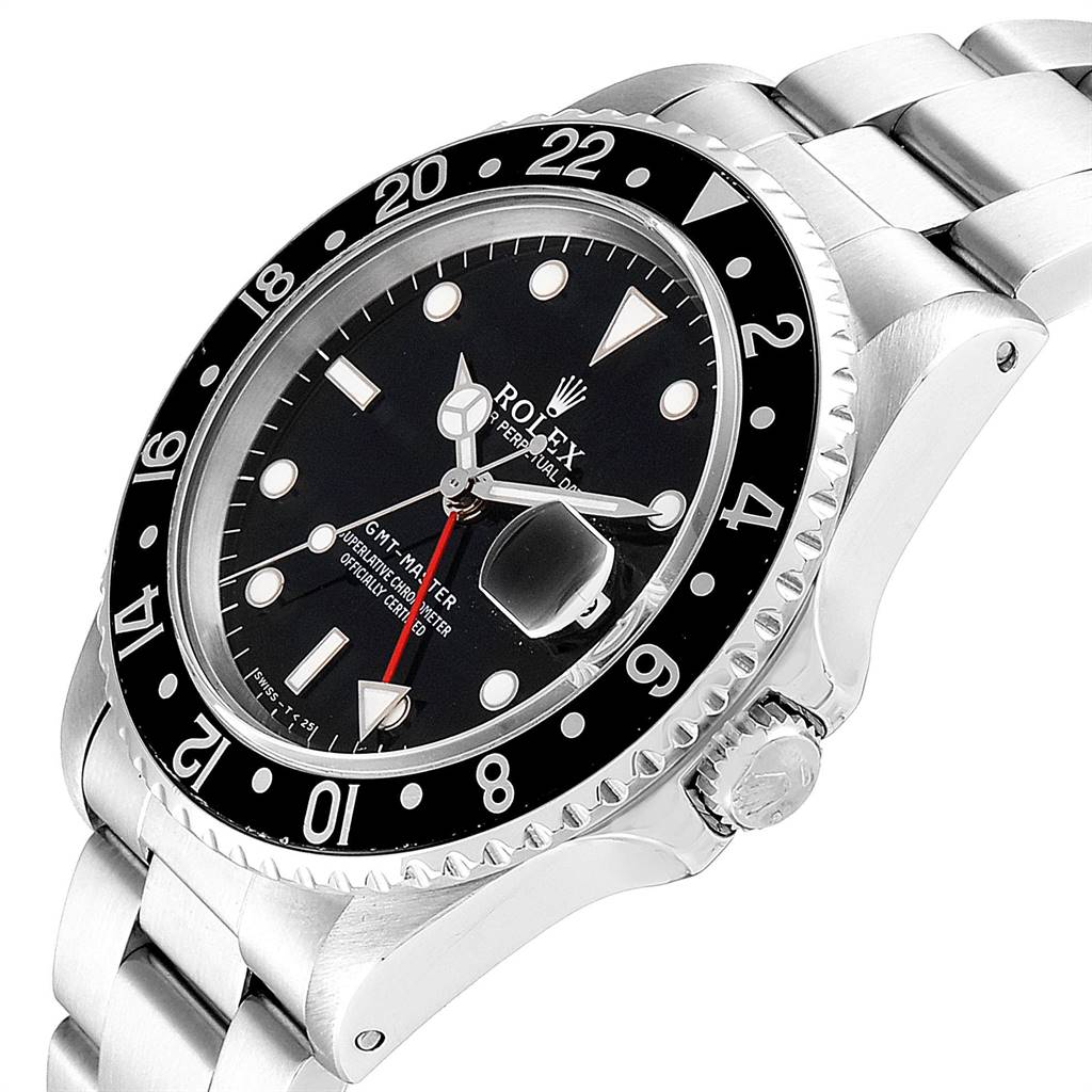 The Rolex GMT-Master 16700 Men's Stainless Steel Black Dial 16700 Men's Stainless Steel Black Dial watch is shown at a slight angle, displaying the face, bezel, dial, date magnifier, and part of the bracelet.