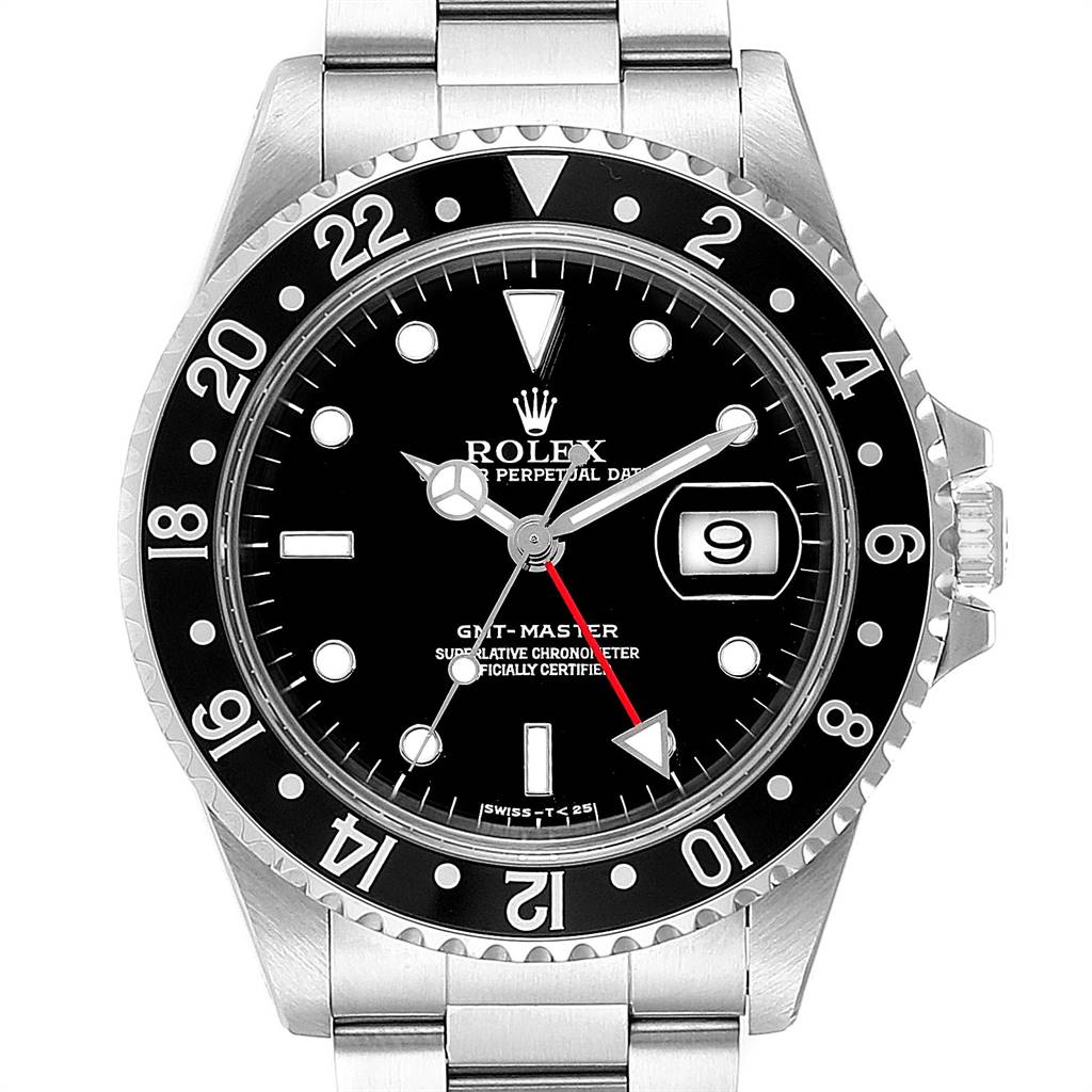 This image shows a frontal view of a Rolex GMT-Master 16700 Men's Stainless Steel Black Dial 16700 Men's Stainless Steel Black Dial watch, highlighting its black dial, date window, and bezel.