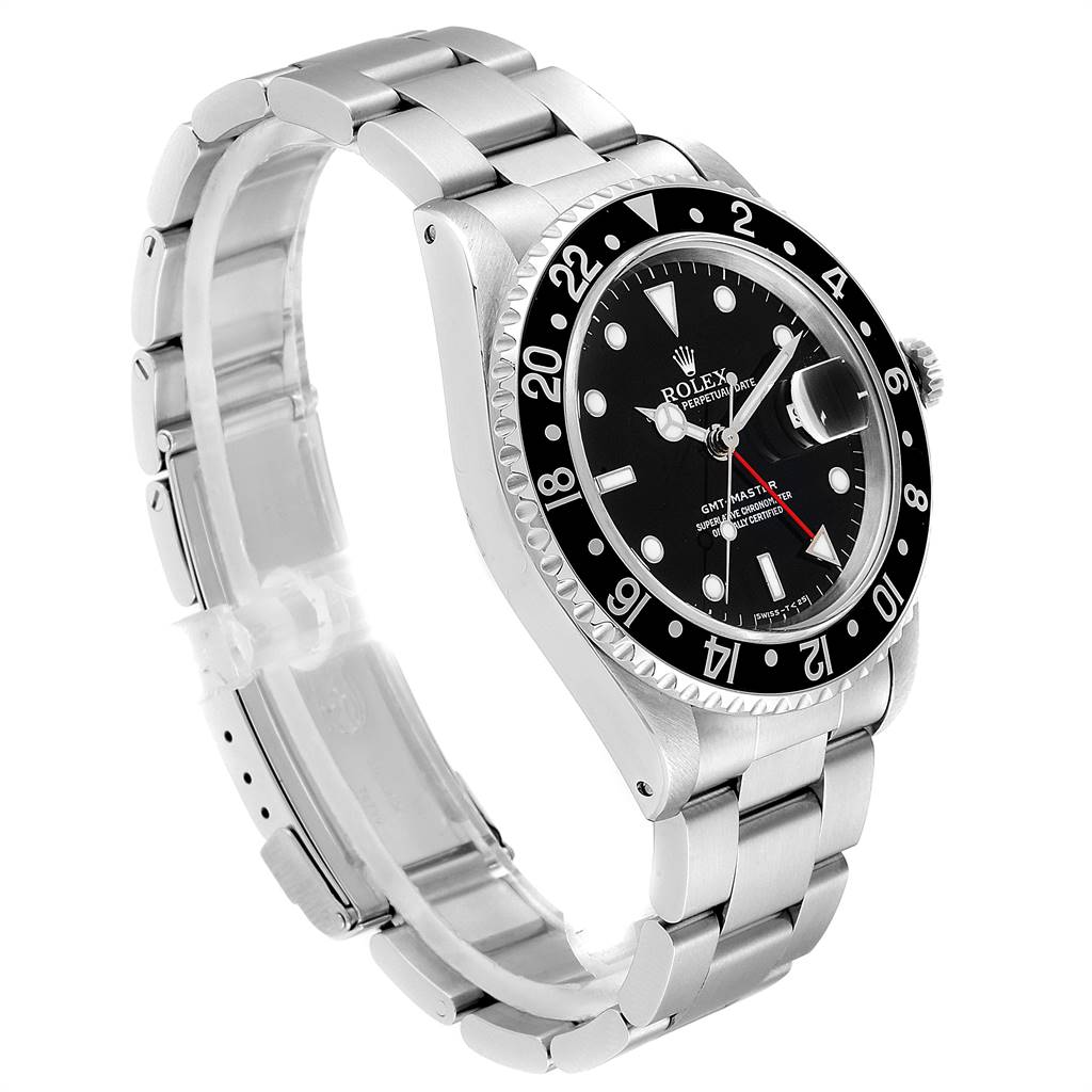 The image shows a Rolex GMT-Master 16700 Men's Stainless Steel Black Dial 16700 Men's Stainless Steel Black Dial watch angled from the front left, highlighting the dial, bezel, and bracelet.