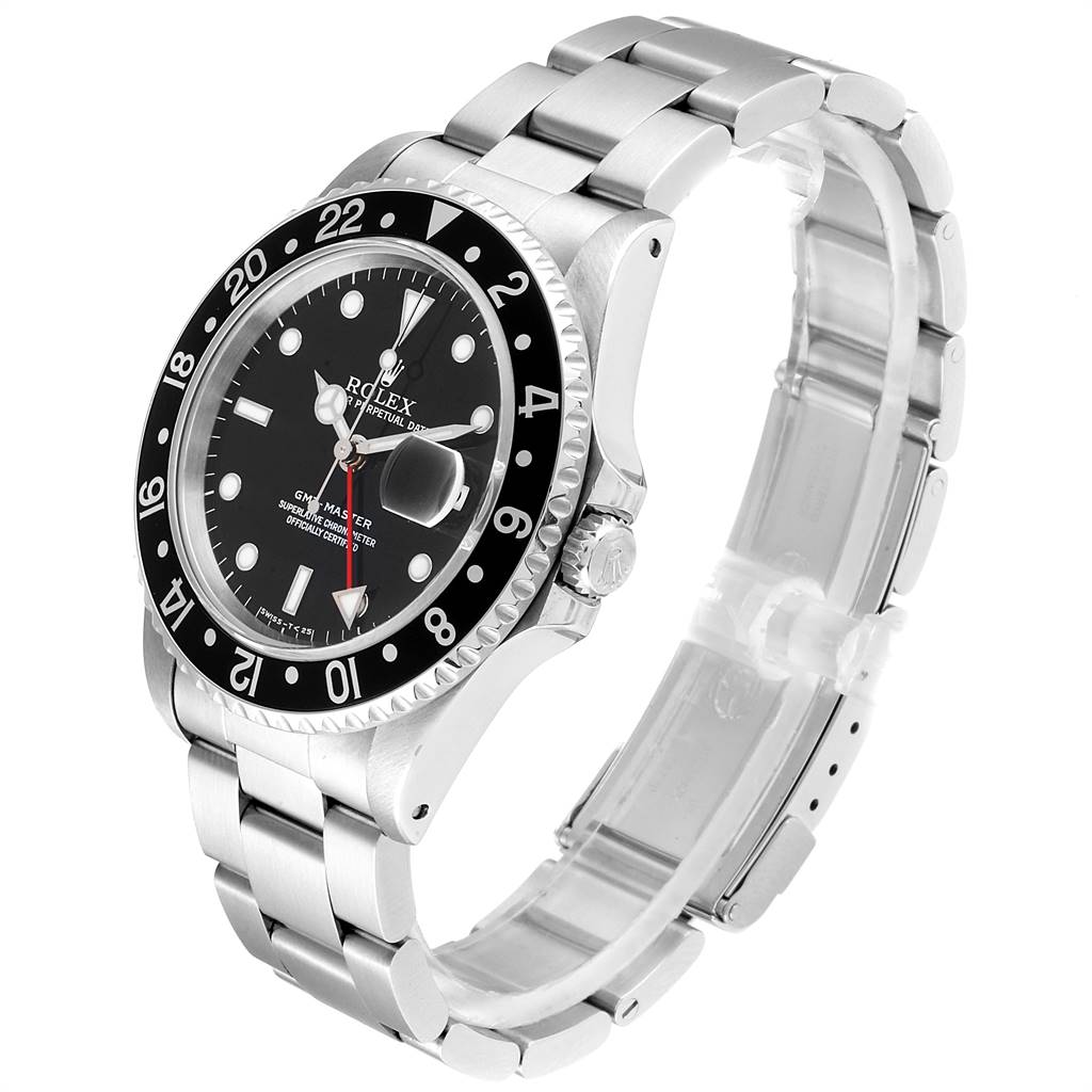 The Rolex GMT-Master 16700 Men's Stainless Steel Black Dial 16700 Men's Stainless Steel Black Dial watch is shown at a three-quarter angle, displaying the face, bezel, crown, and bracelet.