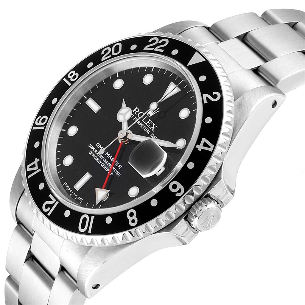The image shows a Rolex GMT-Master 16700 Men's Stainless Steel Black Dial 16700 Men's Stainless Steel Black Dial watch, displaying the face, bezel, case, and bracelet from an angled view.