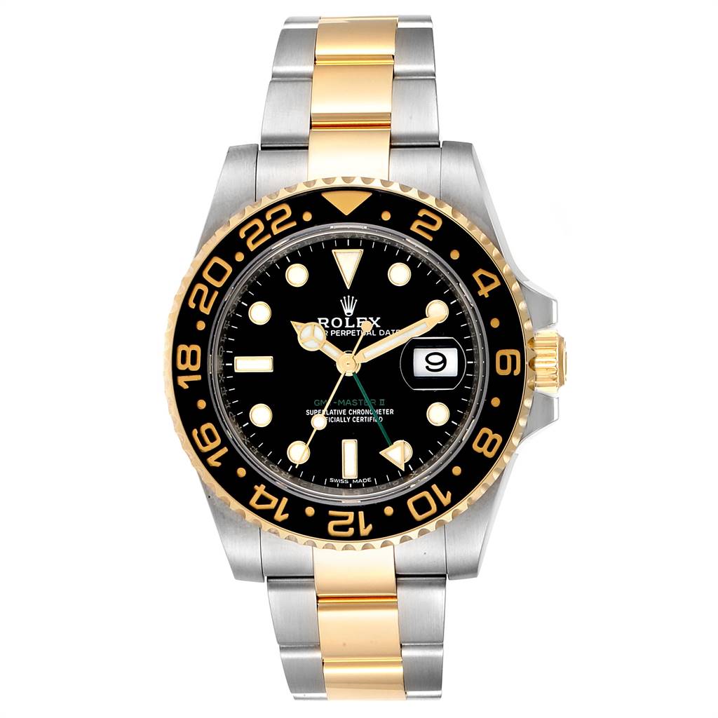 The image shows a Rolex GMT-Master 116713 Men's Stainless Steel Black Dial 116713 Men's Stainless Steel Black Dial II watch from the front, highlighting its black dial, black and gold bezel, and two-tone bracelet.