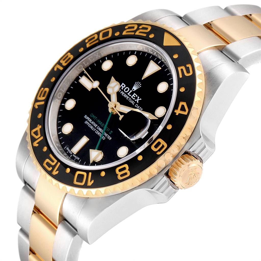 This image shows a Rolex GMT-Master 116713 Men's Stainless Steel Black Dial 116713 Men's Stainless Steel Black Dial watch from an angled side view, highlighting the dial, bezel, crown, and part of the bracelet.