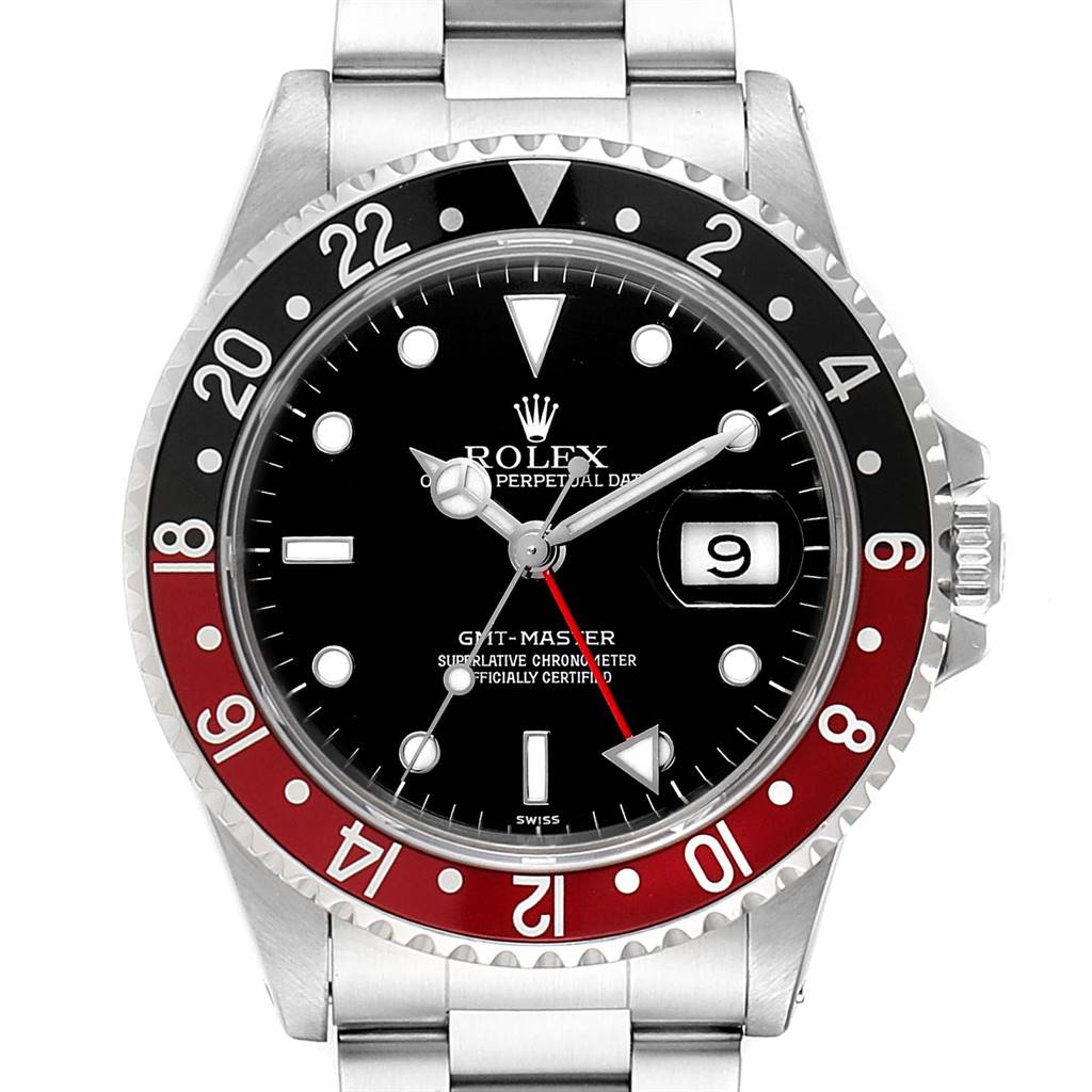 This image shows a frontal view of a Rolex GMT-Master 16700 Men's Stainless Steel Black Dial 16700 Men's Stainless Steel Black Dial watch, highlighting the dial, hands, bezel, and date window.
