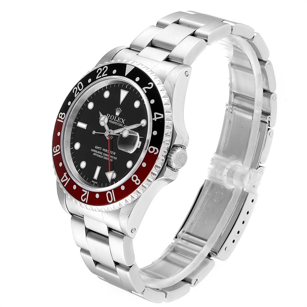 The image shows a side angle of a Rolex GMT-Master 16700 Men's Stainless Steel Black Dial 16700 Men's Stainless Steel Black Dial watch, highlighting the bezel, dial, crown, and bracelet.