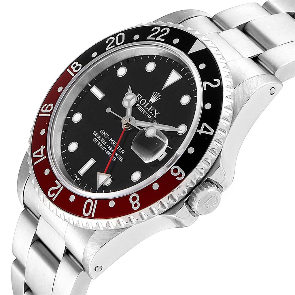 The image shows a Rolex GMT-Master 16700 Men's Stainless Steel Black Dial 16700 Men's Stainless Steel Black Dial watch at an angle that highlights its bezel, dial, and part of the bracelet.