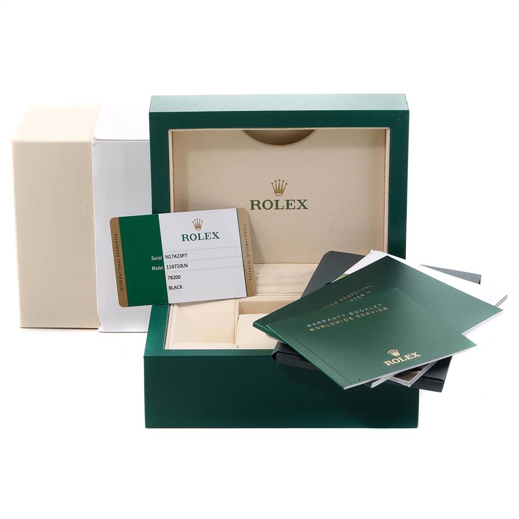 The image displays the open box and documentation for a Rolex GMT-Master 116710 Men's Stainless Steel Black Dial 116710 Men's Stainless Steel Black Dial, showing the warranty card, manuals, and outer packaging.