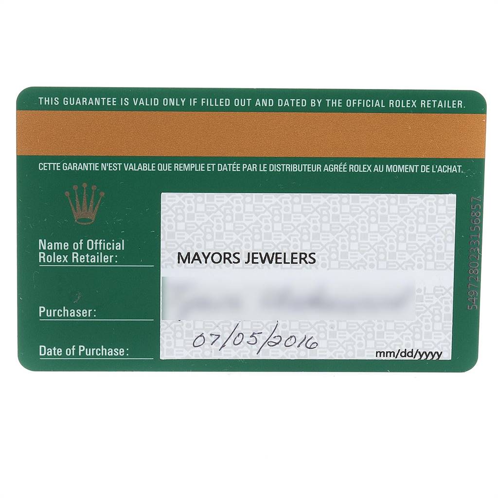The image shows a warranty card for a Rolex GMT-Master 116710 Men's Stainless Steel Black Dial 116710 Men's Stainless Steel Black Dial watch from Mayors Jewelers, dated 07/05/2016.