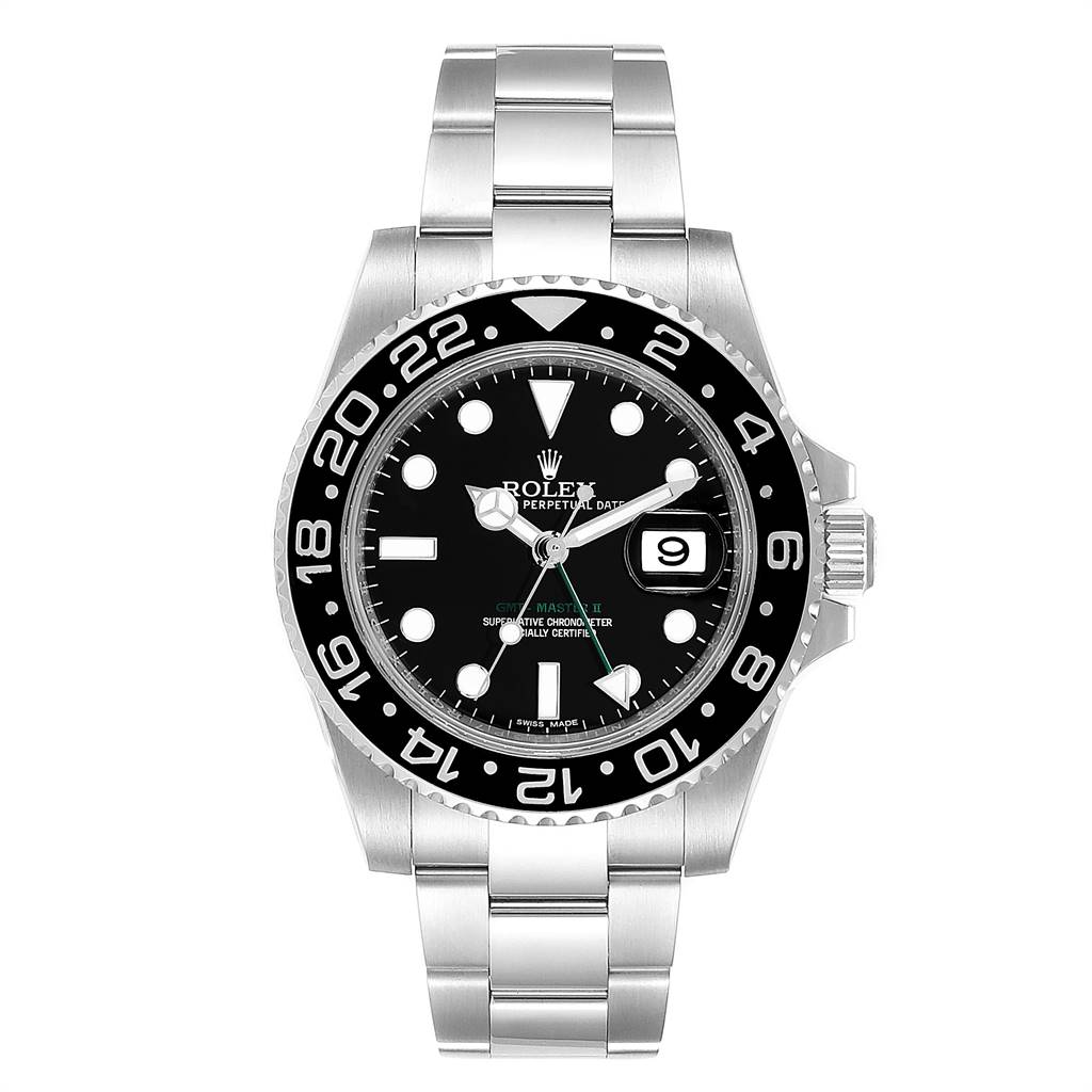 The image shows a front view of a Rolex GMT-Master 116710 Men's Stainless Steel Black Dial 116710 Men's Stainless Steel Black Dial watch, highlighting the dial, bezel, crown, and full bracelet.