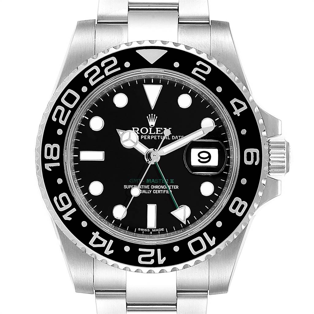 The image shows a front view of the Rolex GMT-Master 116710 Men's Stainless Steel Black Dial 116710 Men's Stainless Steel Black Dial II watch, featuring its dial, bezel, and stainless steel bracelet.