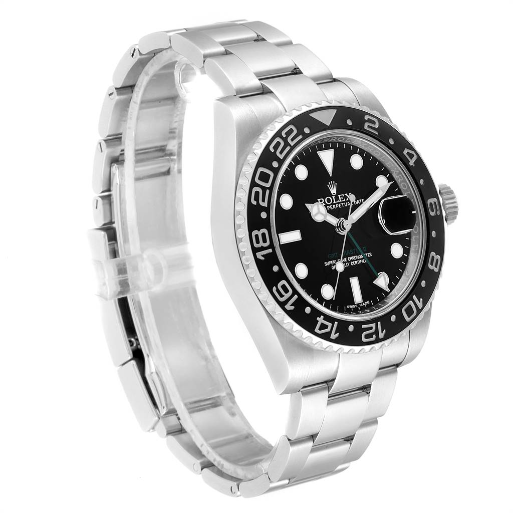 This image shows a front-side angle of the Rolex GMT-Master 116710 Men's Stainless Steel Black Dial 116710 Men's Stainless Steel Black Dial watch, highlighting its bezel, dial, and metal bracelet.