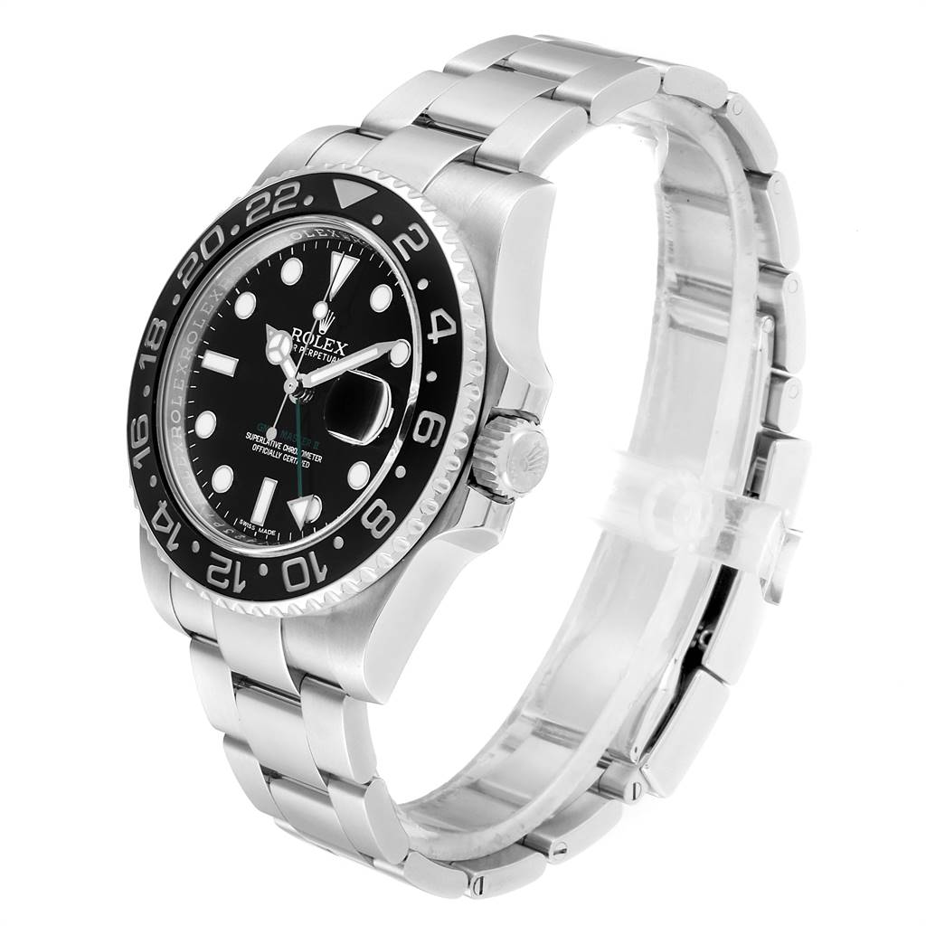 The Rolex GMT-Master 116710 Men's Stainless Steel Black Dial 116710 Men's Stainless Steel Black Dial watch is shown at a three-quarter angle, highlighting the black bezel, dial, and stainless steel bracelet.