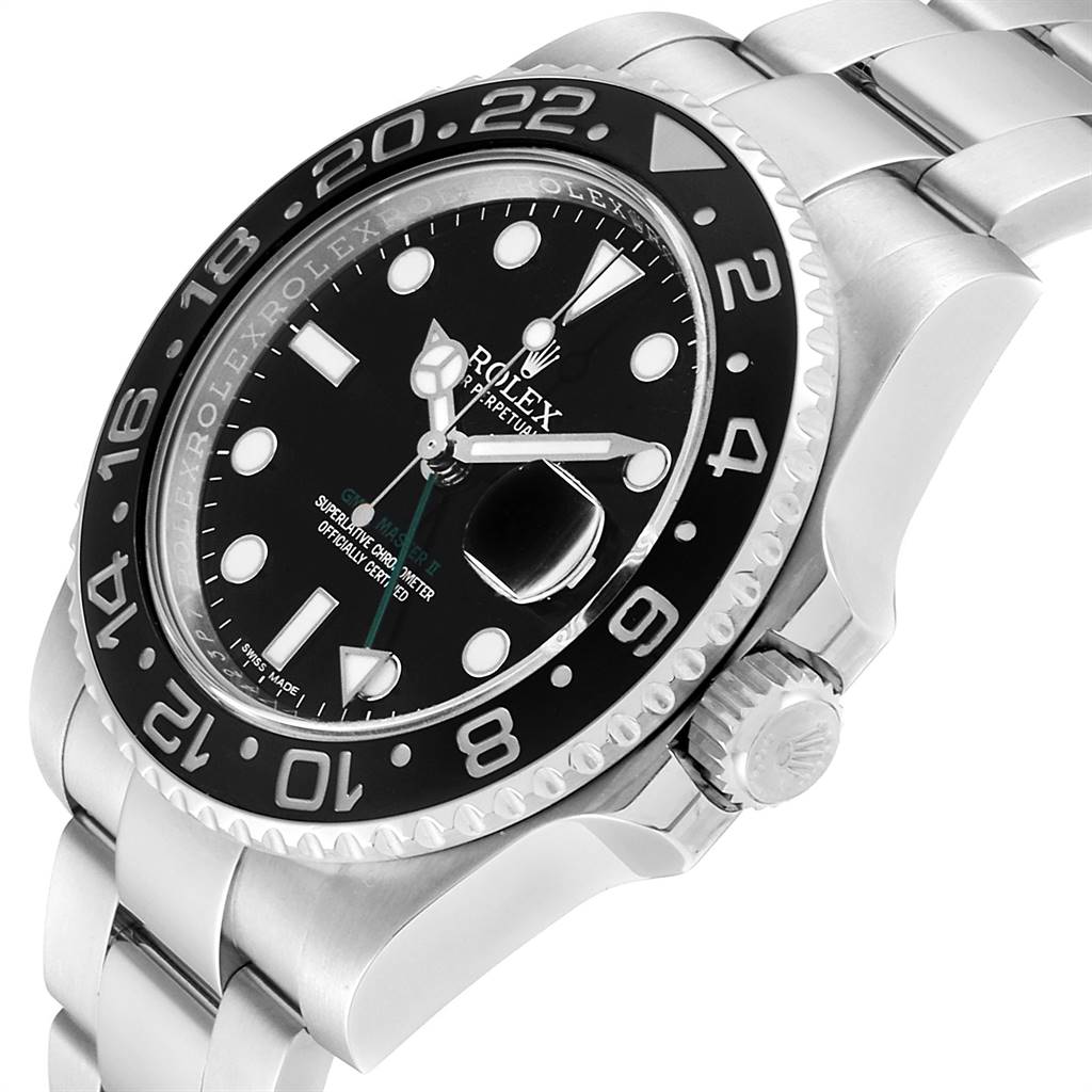 The image shows a close-angle view of a Rolex GMT-Master 116710 Men's Stainless Steel Black Dial 116710 Men's Stainless Steel Black Dial watch, highlighting the black dial, bezel, and crown.