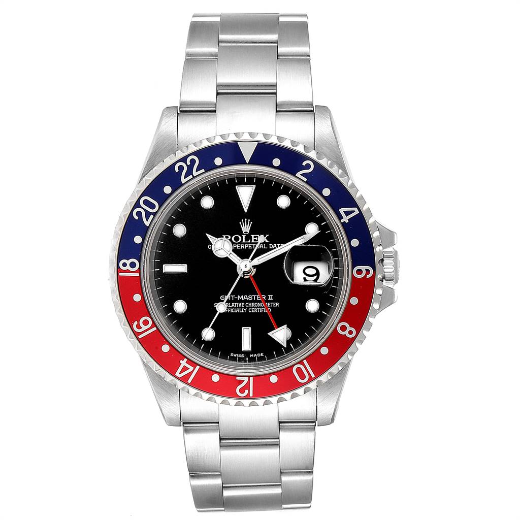 The Rolex GMT-Master 16710 Men's Stainless Steel Black Dial 16710 Men's Stainless Steel Black Dial watch is shown from a front angle, displaying the face, bezel, and bracelet.