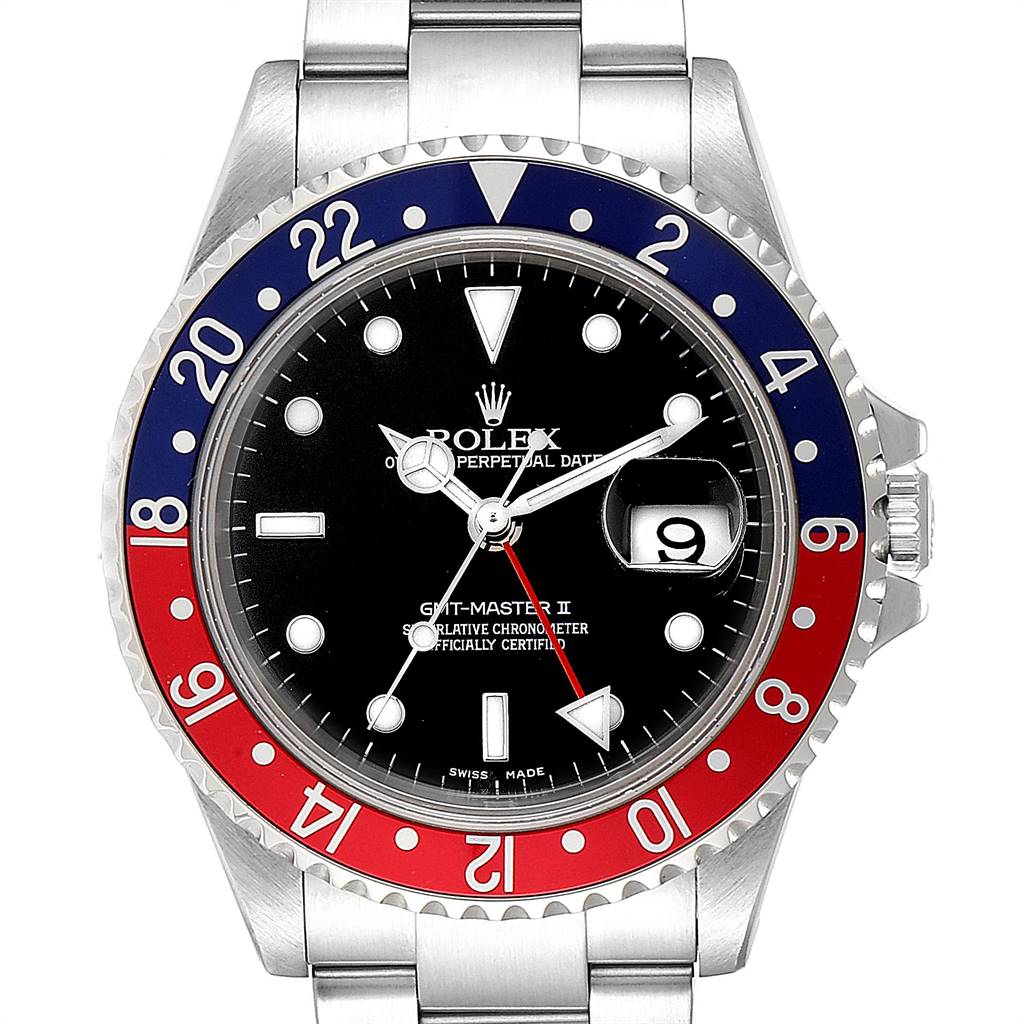 This image shows a frontal view of the Rolex GMT-Master 16710 Men's Stainless Steel Black Dial 16710 Men's Stainless Steel Black Dial II watch, displaying its dial, bezel, and bracelet.