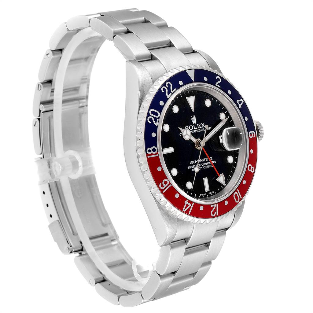 The Rolex GMT-Master 16710 Men's Stainless Steel Black Dial 16710 Men's Stainless Steel Black Dial watch is shown at an angled side view, displaying the bezel, dial, and bracelet.