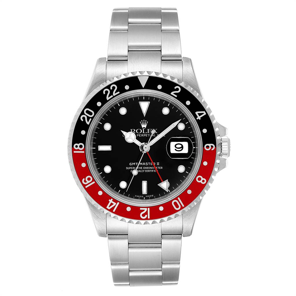 This image shows a front view of the Rolex GMT-Master 16710 Men's Stainless Steel Black Dial 16710 Men's Stainless Steel Black Dial II watch, displaying its dial, bezel, and bracelet.