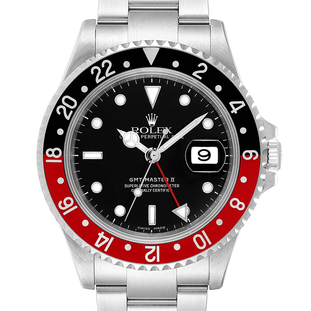 The Rolex GMT-Master 16710 Men's Stainless Steel Black Dial 16710 Men's Stainless Steel Black Dial II watch is shown from the front, displaying the dial, bezel, and bracelet.