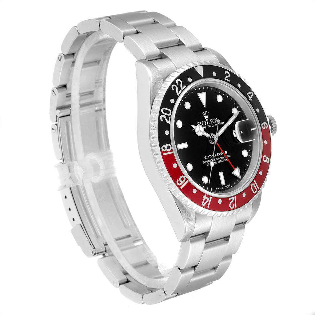 The image shows a side angle view of a Rolex GMT-Master 16710 Men's Stainless Steel Black Dial 16710 Men's Stainless Steel Black Dial watch, highlighting its bezel, face, and part of the bracelet.