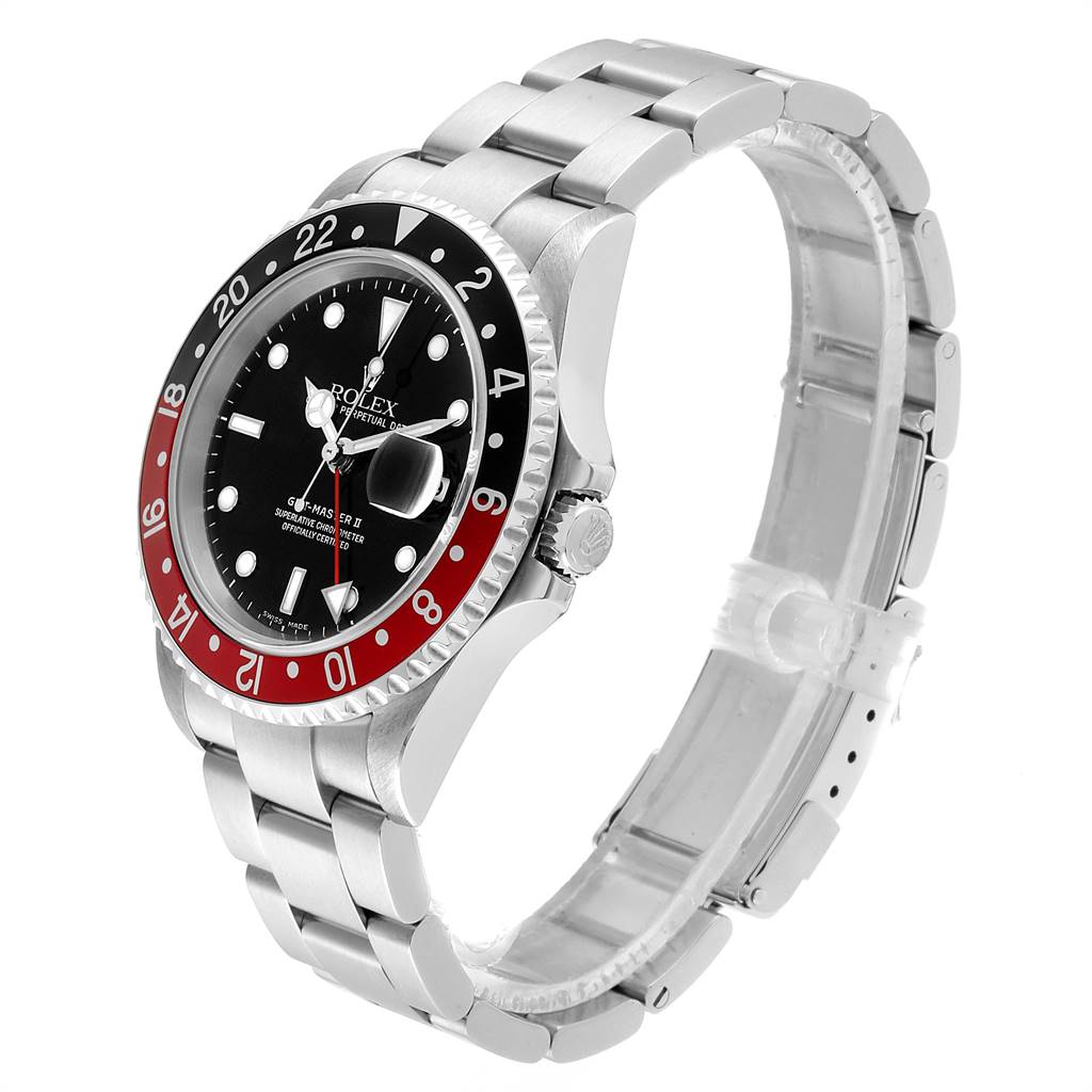 This image shows a left-side view of a Rolex GMT-Master 16710 Men's Stainless Steel Black Dial 16710 Men's Stainless Steel Black Dial watch, highlighting its bezel, dial, and bracelet.