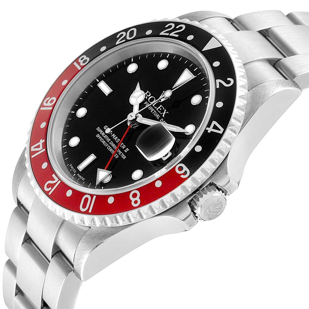 This image shows an angled view of the Rolex GMT-Master 16710 Men's Stainless Steel Black Dial 16710 Men's Stainless Steel Black Dial watch, featuring the bezel, dial, crown, and part of the bracelet.