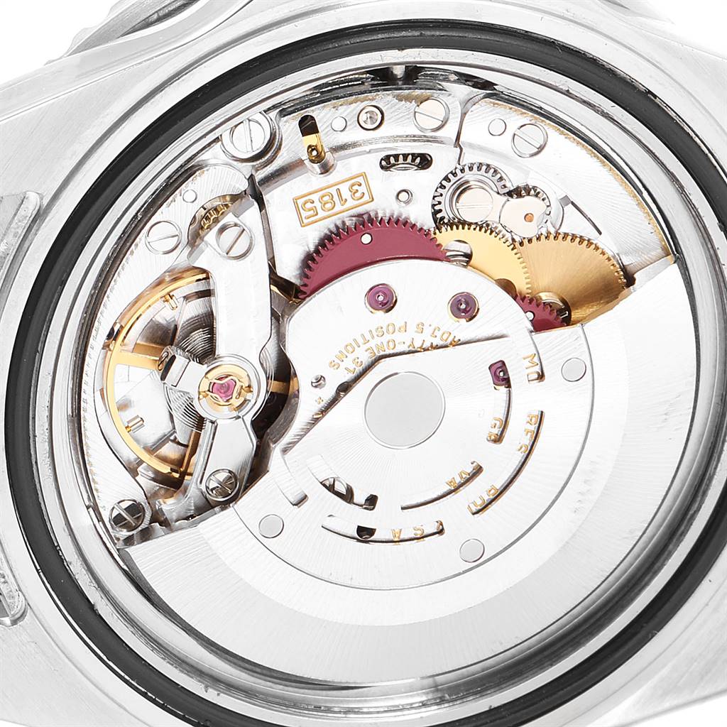 The image shows the internal mechanism, specifically the movement, of a Rolex GMT-Master 16710 Men's Stainless Steel Black Dial 16710 Men's Stainless Steel Black Dial watch from a back angle.