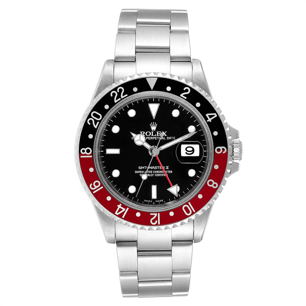This image shows a front view of a Rolex GMT-Master 16710 Men's Stainless Steel Black Dial 16710 Men's Stainless Steel Black Dial II watch, highlighting its bezel, dial, hands, date display, and bracelet.
