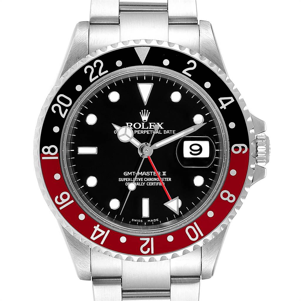 This is a front view of the Rolex GMT-Master 16710 Men's Stainless Steel Black Dial 16710 Men's Stainless Steel Black Dial II watch, showing the face, bezel, and part of the stainless steel strap.