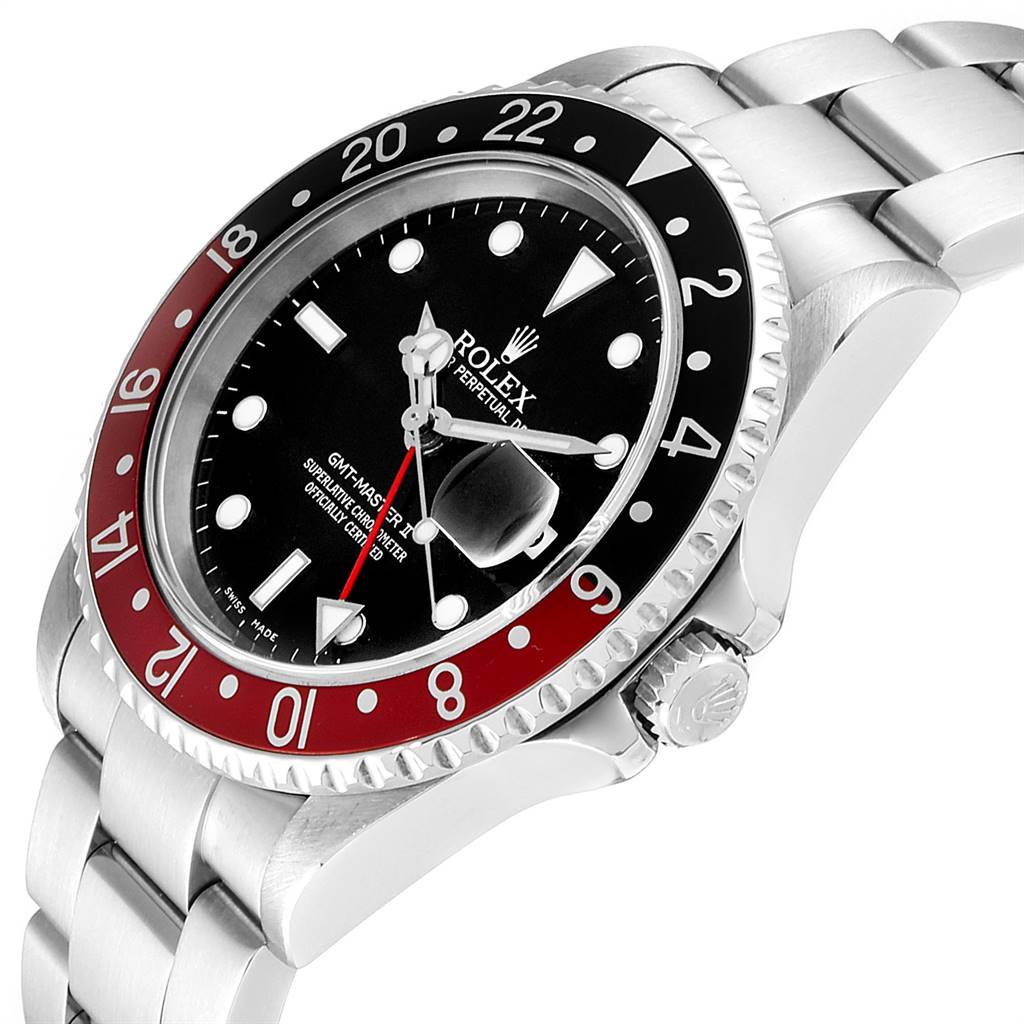 The Rolex GMT-Master 16710 Men's Stainless Steel Black Dial 16710 Men's Stainless Steel Black Dial watch is shown at a slight side angle, revealing the bezel, dial, crown, and part of the bracelet.