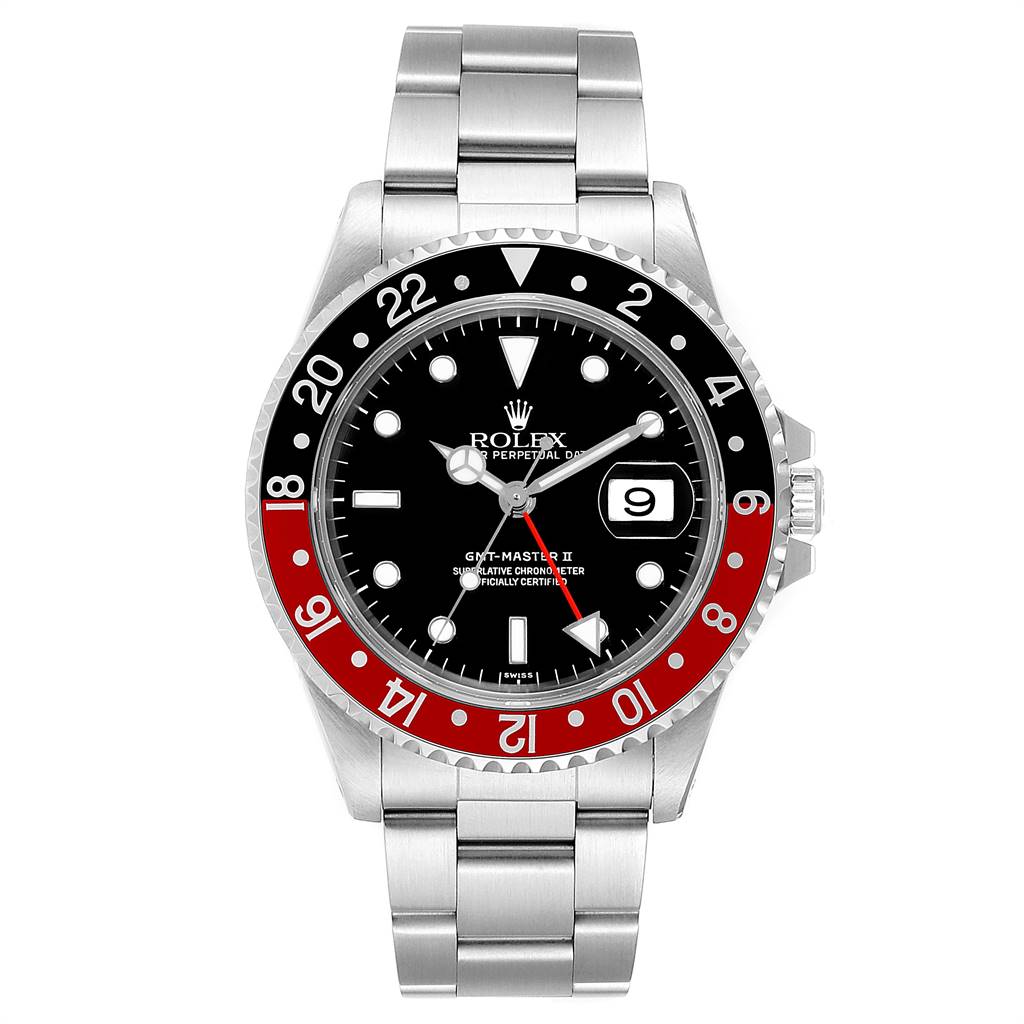 This image shows a front view of a Rolex GMT-Master 16710 Men
s Stainless Steel Black Dial 16710 Men
s Stainless Steel Black Dial II watch, featuring a stainless steel bracelet and a black and red bezel.