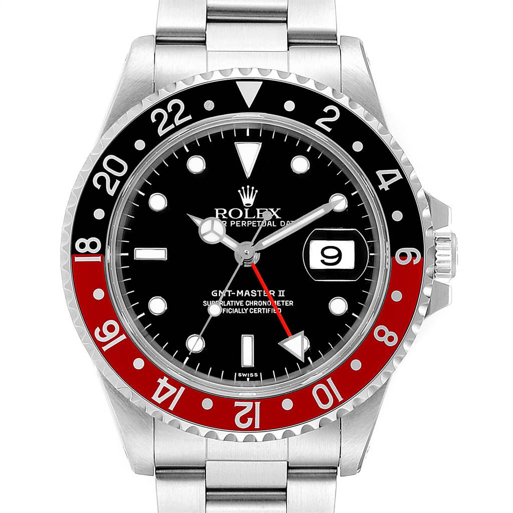 The image shows a front view of the Rolex GMT-Master 16710 Men
s Stainless Steel Black Dial 16710 Men
s Stainless Steel Black Dial II watch, highlighting the bezel, dial, and bracelet.