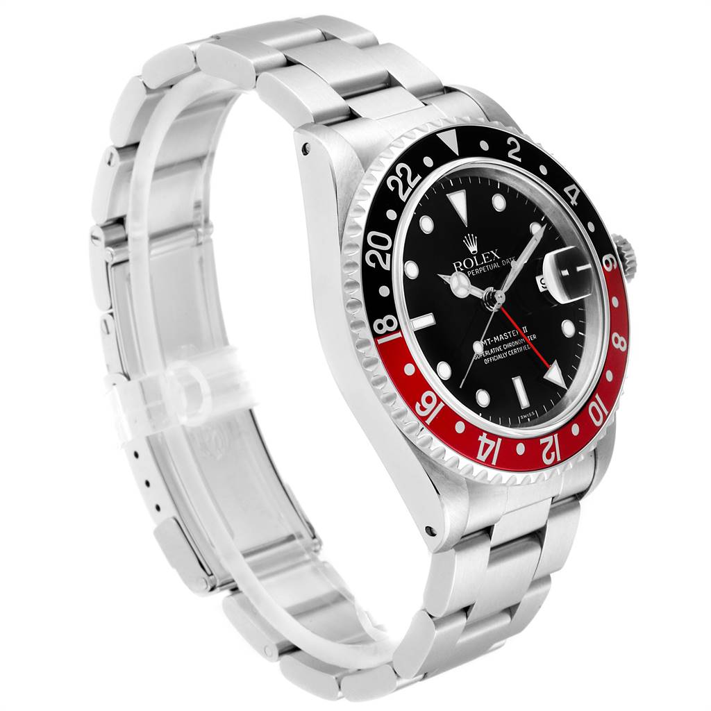 The image shows a side angle of a Rolex GMT-Master 16710 Men
s Stainless Steel Black Dial 16710 Men
s Stainless Steel Black Dial watch, highlighting its bracelet, bezel, dial, and crown.