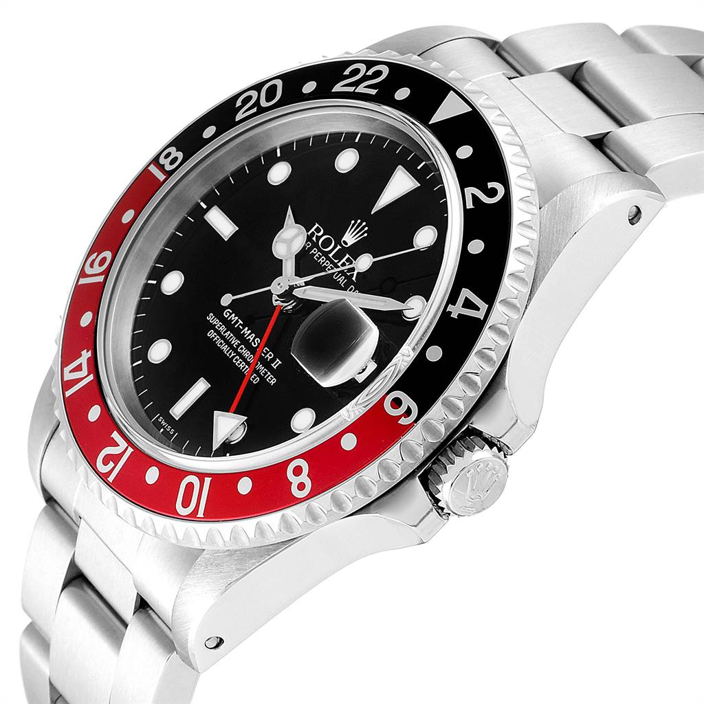 This Rolex GMT-Master 16710 Men
s Stainless Steel Black Dial 16710 Men
s Stainless Steel Black Dial watch is shown at an angle highlighting the bezel, dial, case, crown, and part of the bracelet.