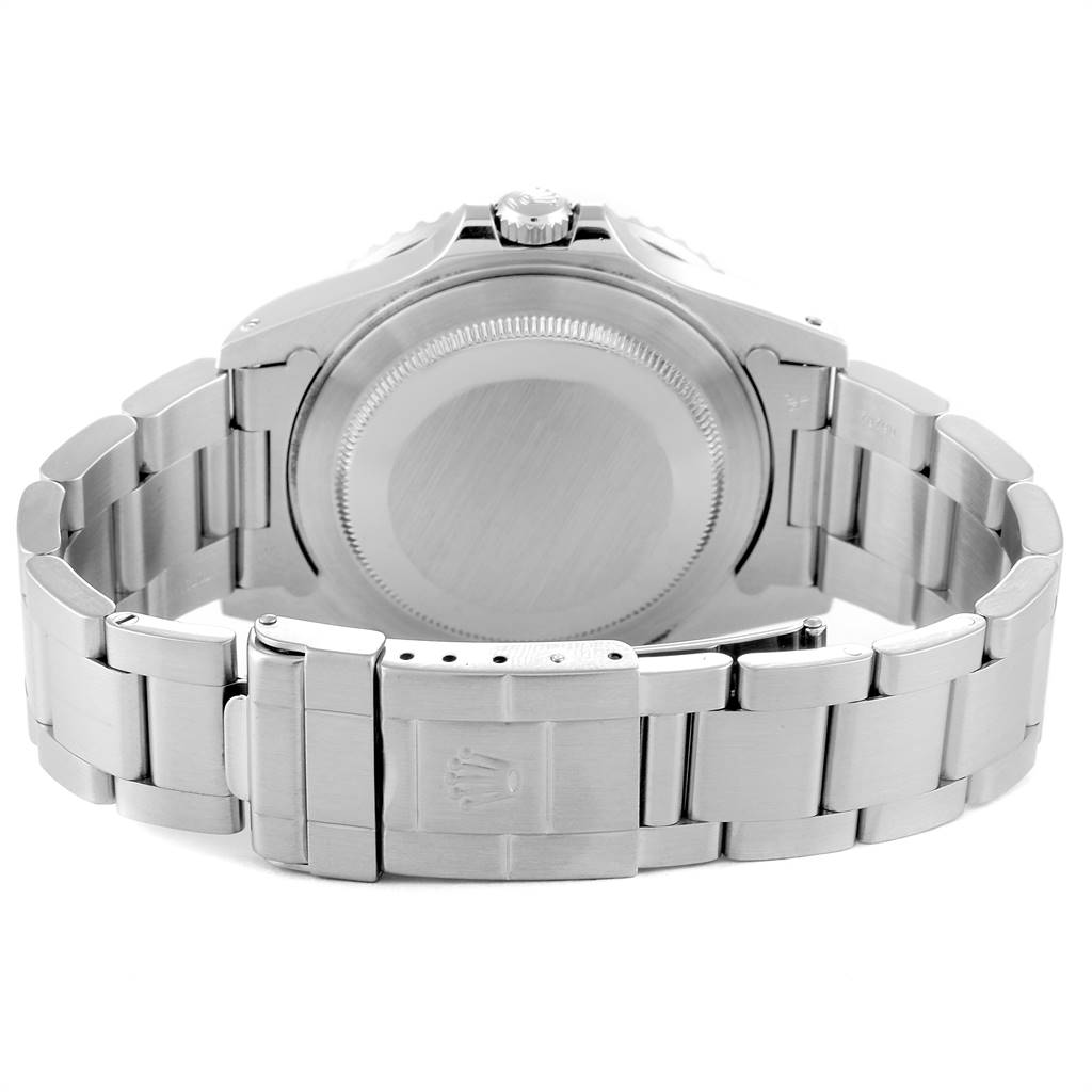 The image shows the back view of a Rolex GMT-Master 16710 Men
s Stainless Steel Black Dial 16710 Men
s Stainless Steel Black Dial watch, highlighting the case back and bracelet with clasp.