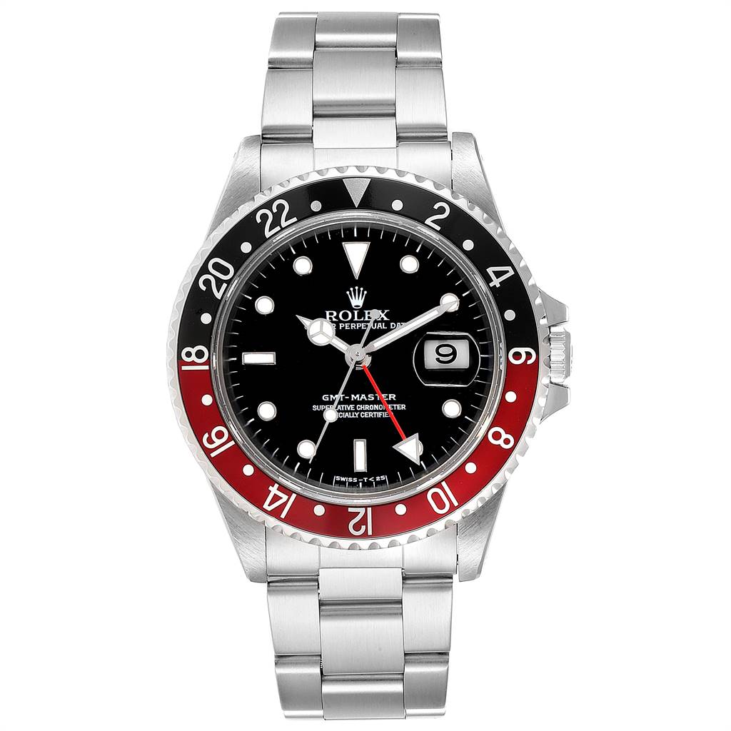 This image shows the front view of a Rolex GMT-Master 16700 Men's Stainless Steel Black Dial 16700 Men's Stainless Steel Black Dial watch, highlighting its dial, bezel, and bracelet.