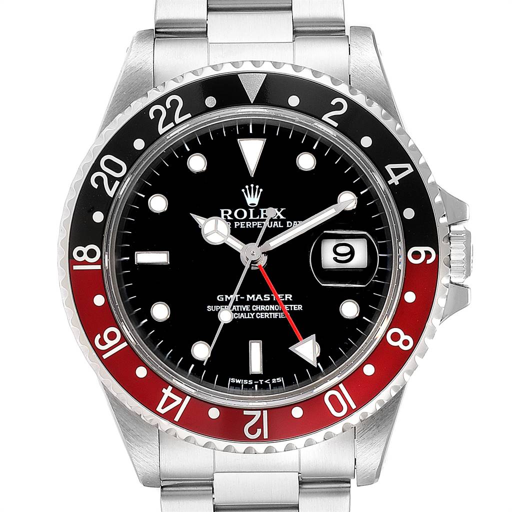 The image shows a front view of a Rolex GMT-Master 16700 Men's Stainless Steel Black Dial 16700 Men's Stainless Steel Black Dial watch, highlighting its red and black bezel, black dial, and metal bracelet.