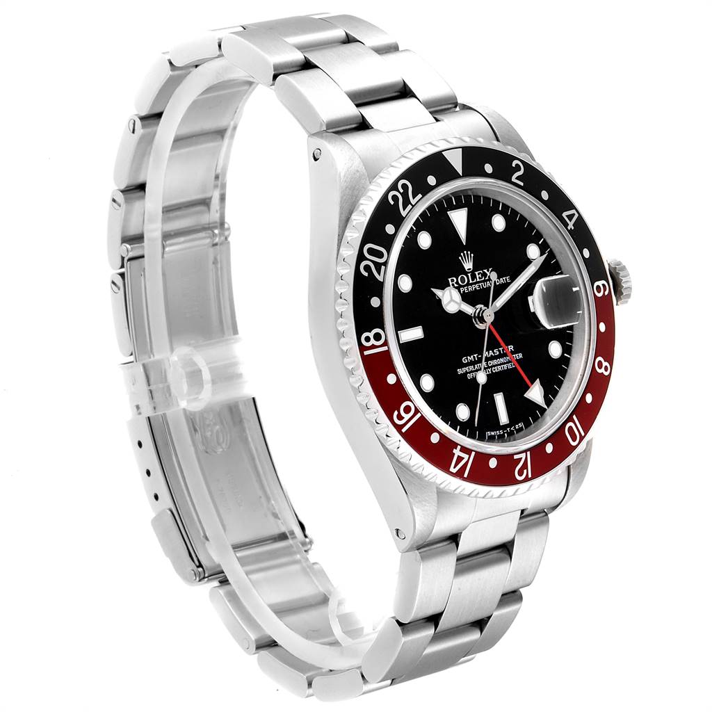 The image shows a side view of the Rolex GMT-Master 16700 Men's Stainless Steel Black Dial 16700 Men's Stainless Steel Black Dial watch, highlighting the bezel, dial, and metal bracelet.