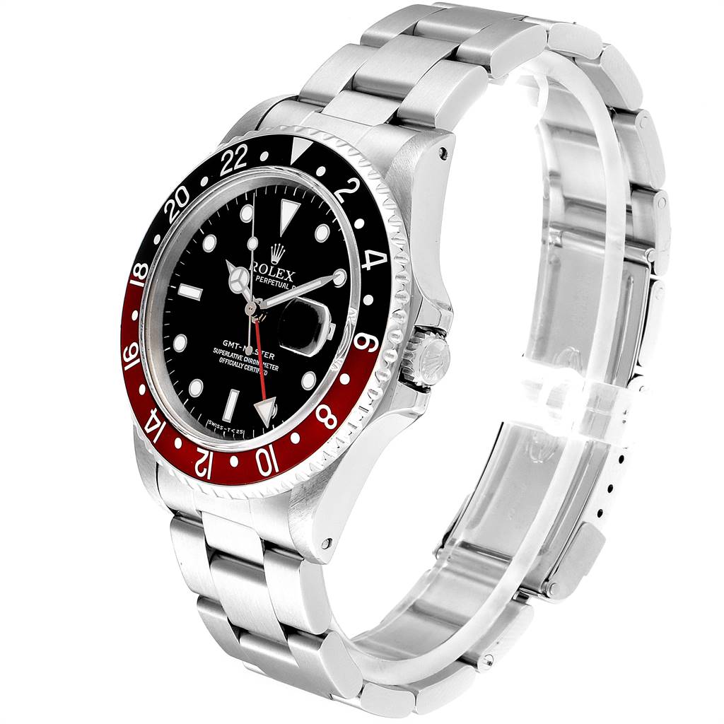 The image shows a three-quarter angle view of a Rolex GMT-Master 16700 Men's Stainless Steel Black Dial 16700 Men's Stainless Steel Black Dial watch, highlighting the face, bezel, and stainless steel bracelet.